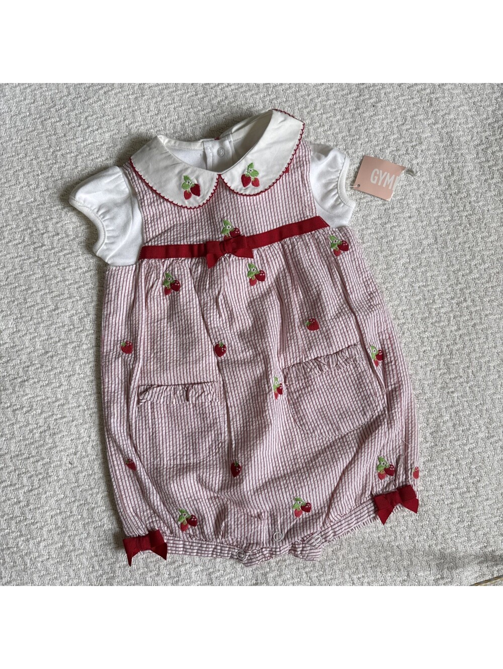 NEW Gymboree Strawberry Stripe Girls Seersucker Shortall and Bodysuit Set 6-12M